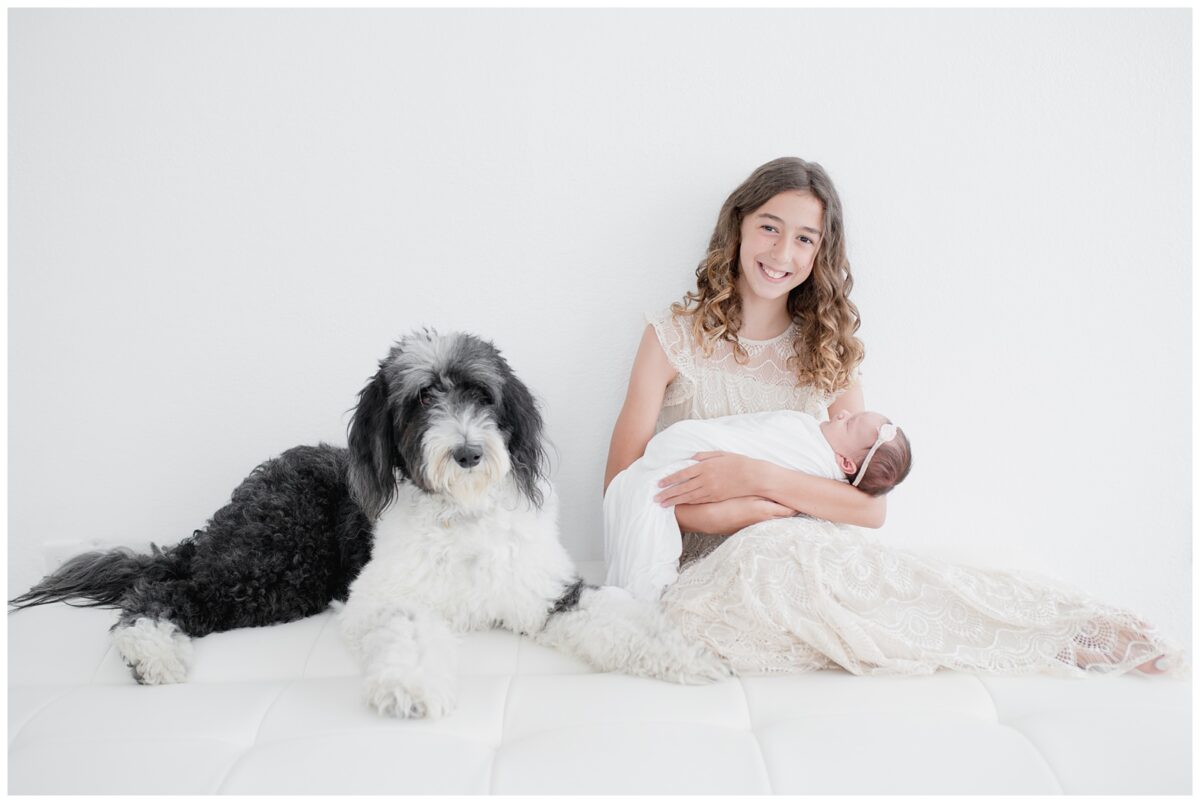 Big sister and sheepadoodle with newborn baby sister 